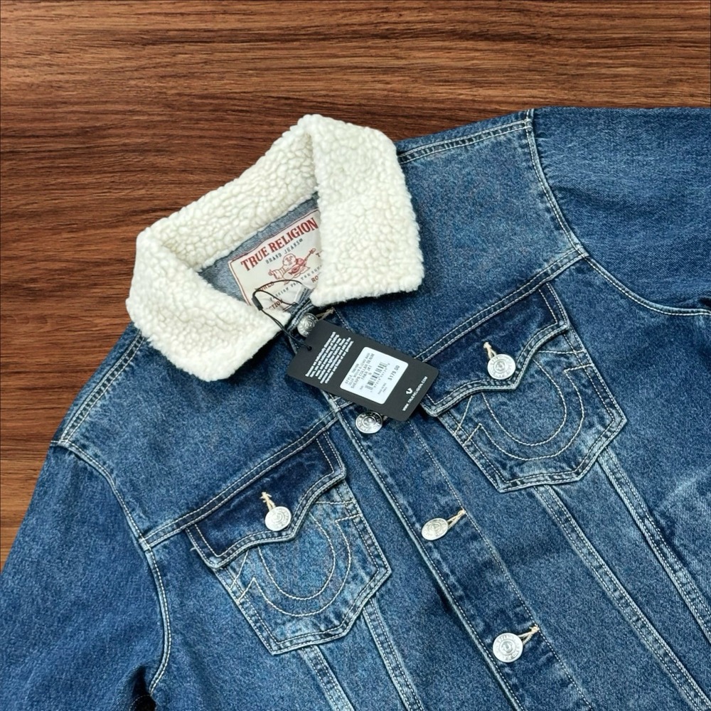 True Religion Medium Blizzard Wash Shepa Collar Denim Trucker Jacket Small Men's